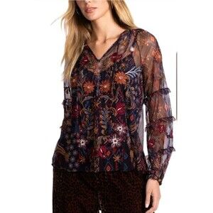 Johnny Was Bohemian Sapphire Mesh Slip Blouse  Size Medium